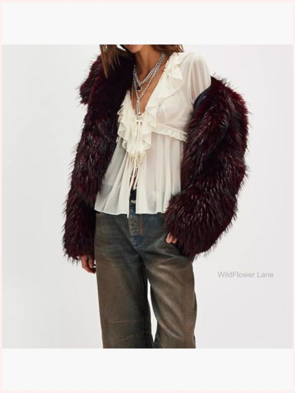 Sheer Long Sleeve V Neck Peplum Blouse Tie Front Ruffle Top - Picture 2 of 4